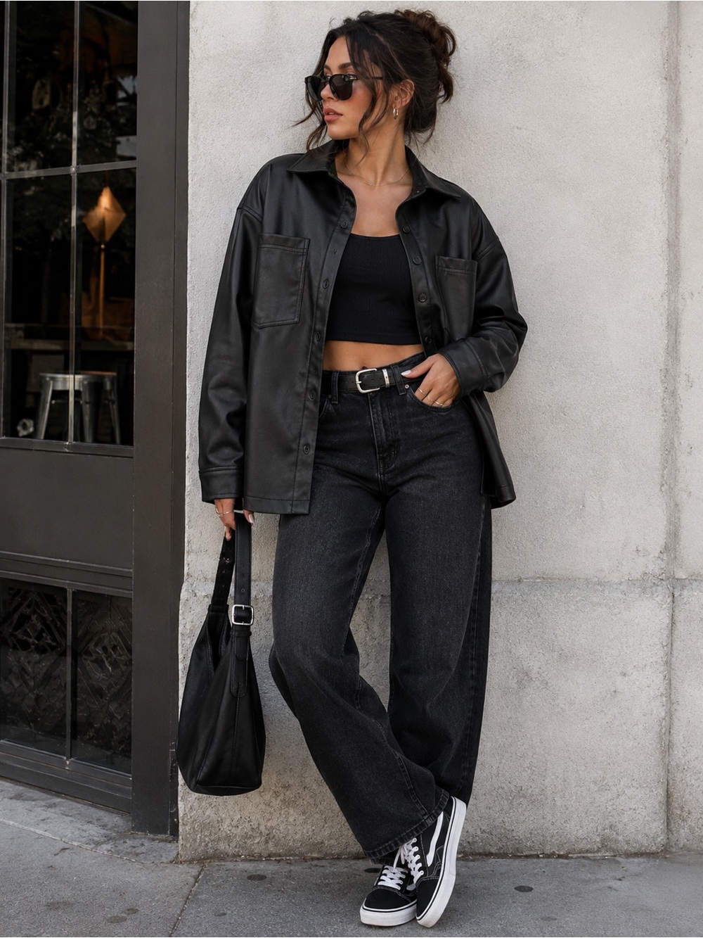 Celebrity Pink Black Faux-Leather Shirt Jacket